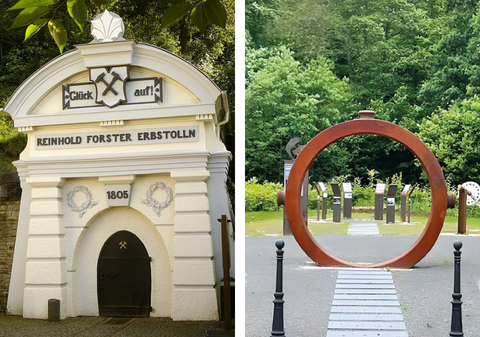 links: Reinhold Forster Erbstollen (Foto: Bob Ionescu) und EisenZeitReiseWeg Gerhardsseifen (Quelle: Ein Siegerländer Tal e.V.)